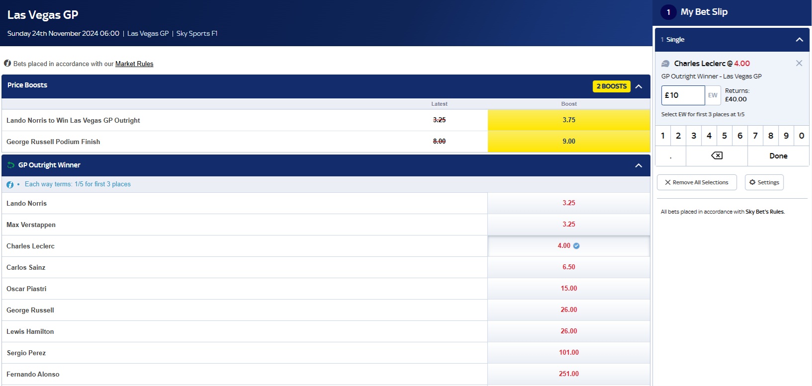 Skybet Las Vegas GP bet page with Charles leclerc added to betslip to win & £10 stake entered